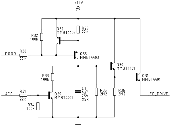 Car interior light delay circuit with delay cancel by ACC Car interior light delay circuit with delay cancel by ACC