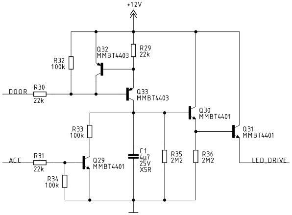 Car interior light delay circuit with delay cancel by ACC