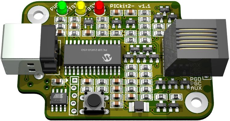 PICkit2 clone
        with PIC18F25K50 rendered with Eagle3D and POVray