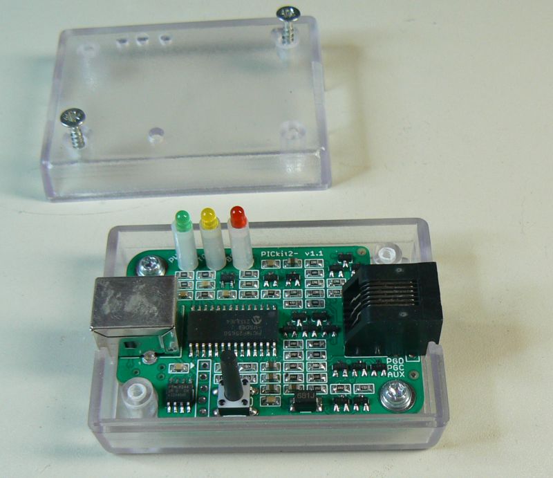 PICkit2 clone with enclosure open PICkit2 clone with
enclosure open