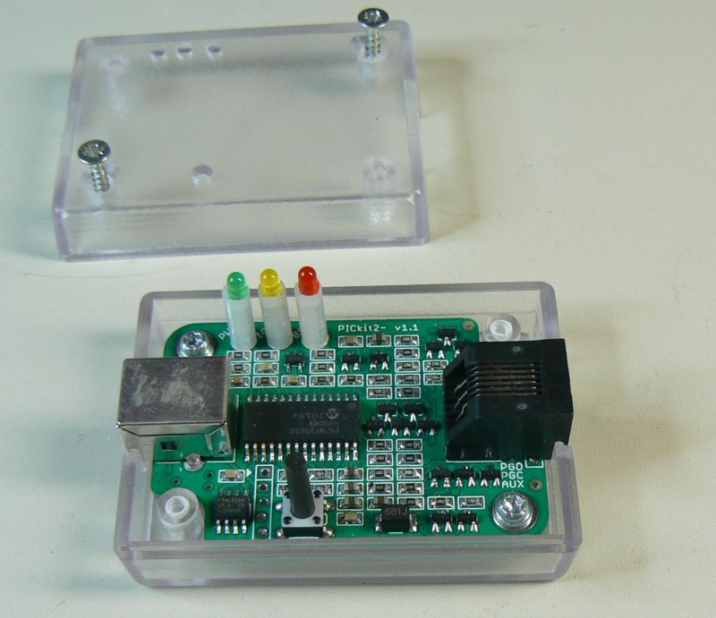 PICkit2 clone with
      enclosure open