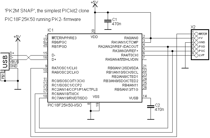 PICkit2 SNAP programmer circuit diagram The
simplest PICkit2 clone with only 3 components